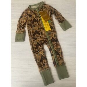 Wildwoven Forest Camp Tencel Modal Zip Up Sleeper Romper Tan Green 0-3M NEW